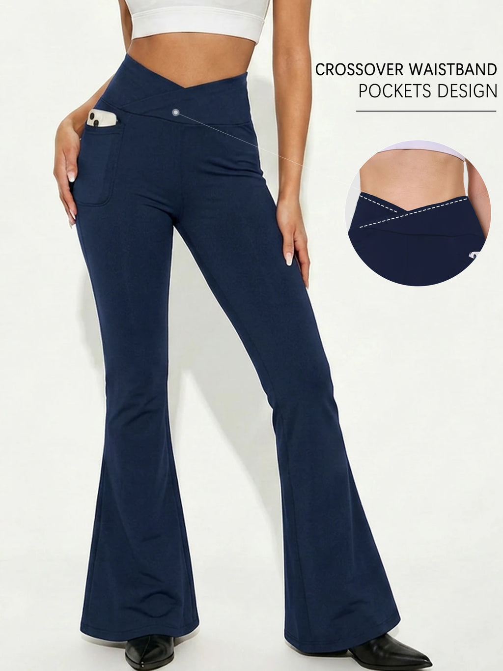 Super Soft Crossover Leggings Women High Waisted Flare with Pockets Tummy Control Yoga Pants
