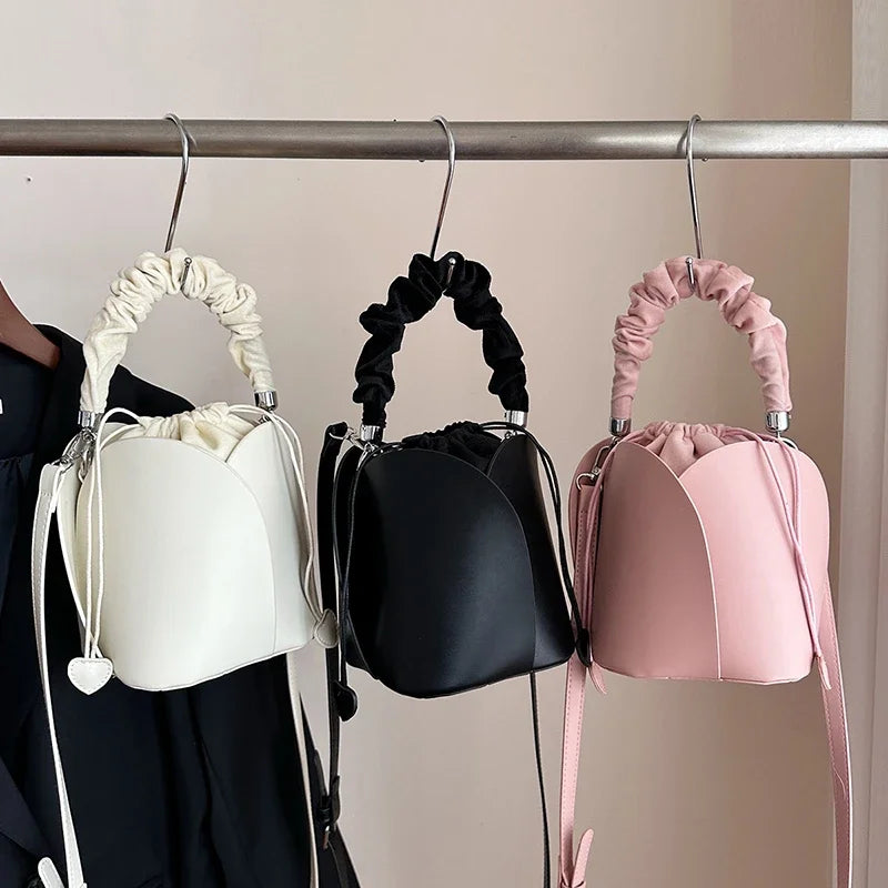 Black Handbag Women Fashion Wrist Bag Designer Mini Bucket Crossbody Bag Female Drawstring Handbag Pu Leather Lady Bag