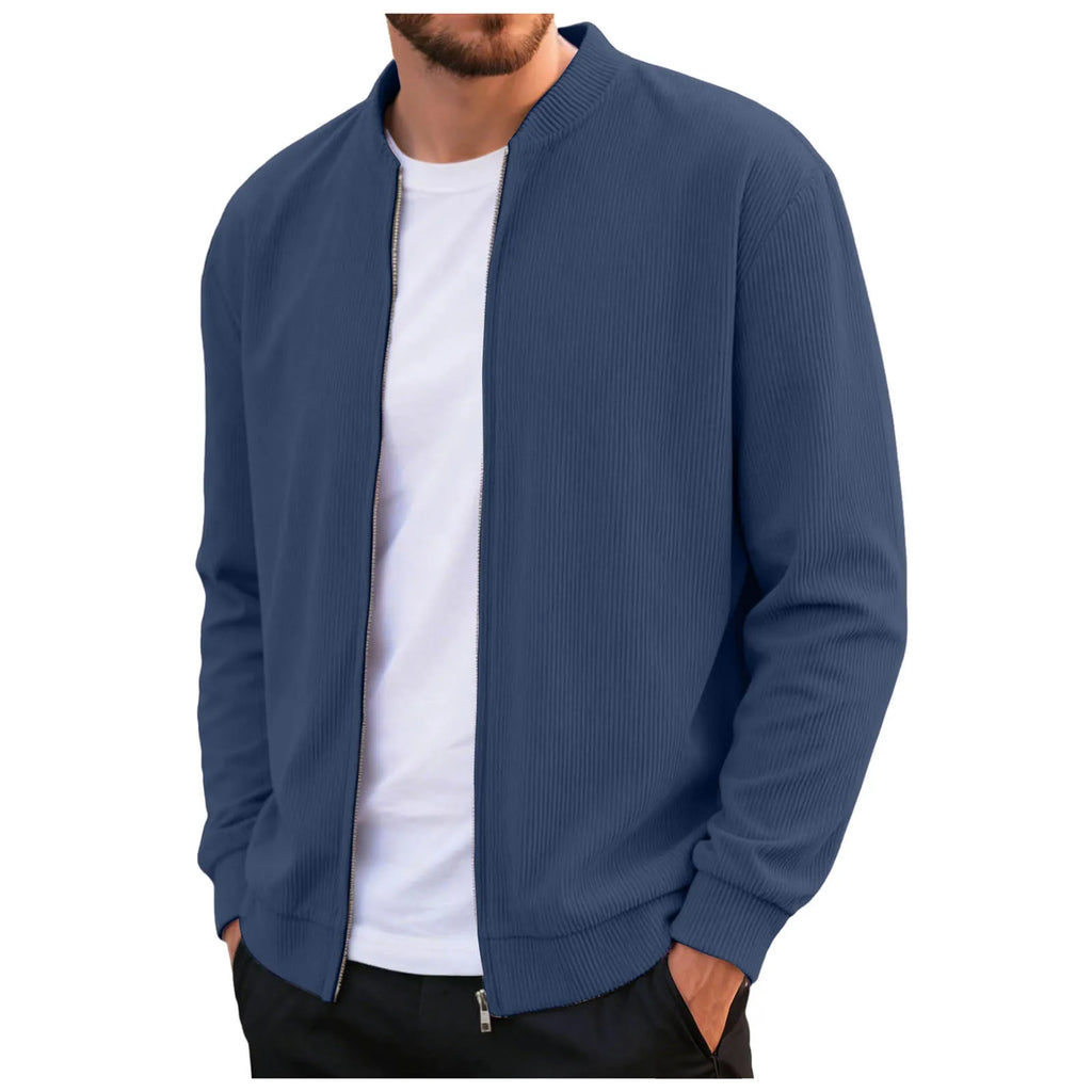 Corduroy Solid Color Men'S Casual Coat Round Neck Zipper Long Sleeve Outerwear Autumn/Winter Stylish Male Jacket Overcoat
