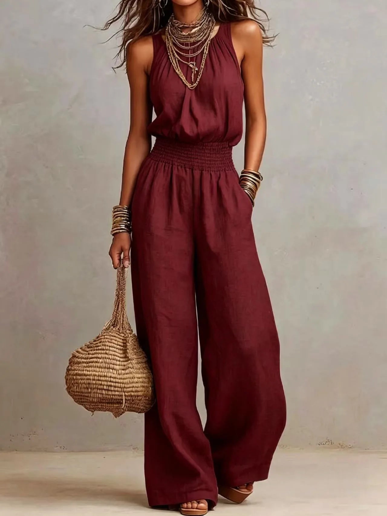 New Sleeveless Linen Backless Jumpsuit Women's Cross-Border Street Style Wide Leg Pants Long Trousers No Neck Label