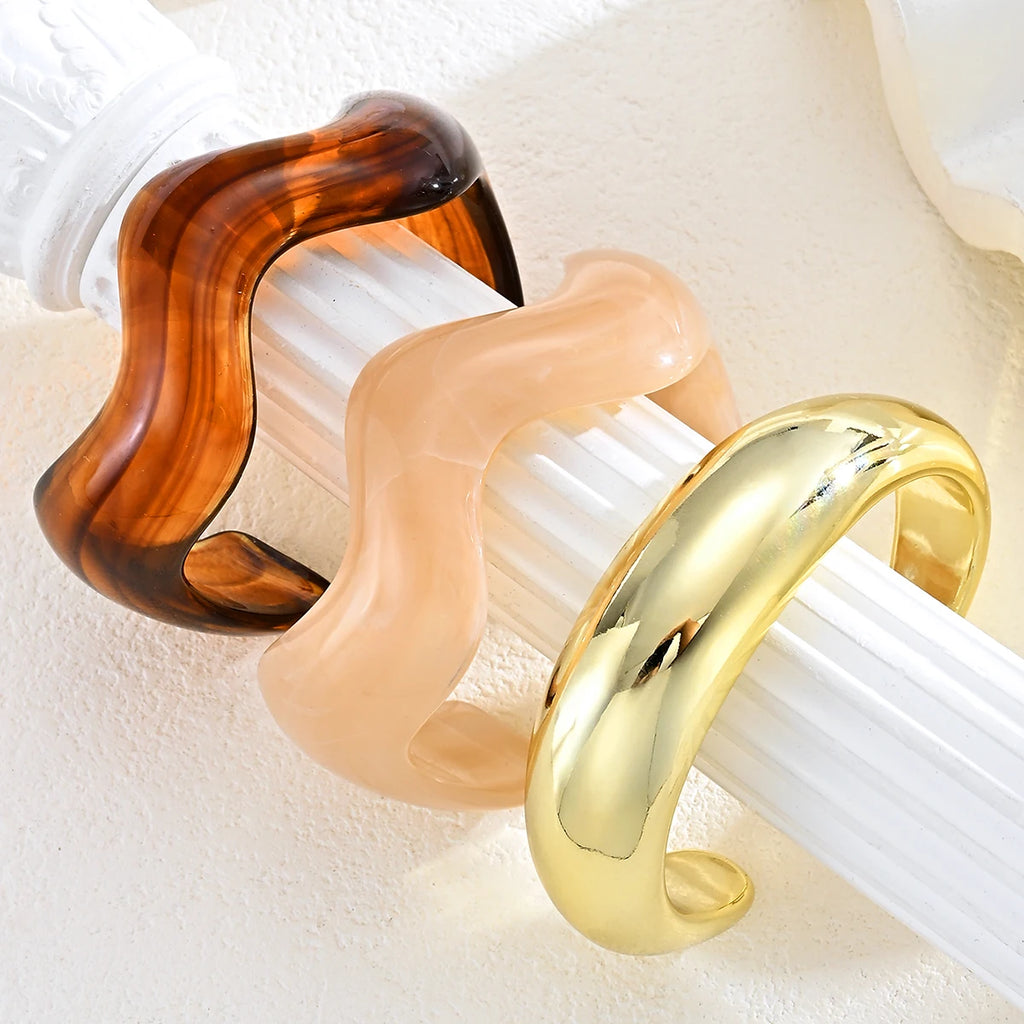 3 Pcs Irregular Wavy Resin Metal Bangle Set For Women Open Cuff Bracelets Bohemian Beach Vacation Stackable Trendy Jewelry Gifts