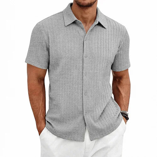 European and American Men's Casual Jacquard Shirt Men's Summer Solid Color Lapel Breathable Men's Short-Sleeved Shirt Top