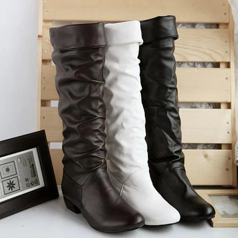 Quality Women's leather PU Knee High Boots Folding Slip on Winter High Boots Casual Low Heels White Black Long Slim Boots Ladies