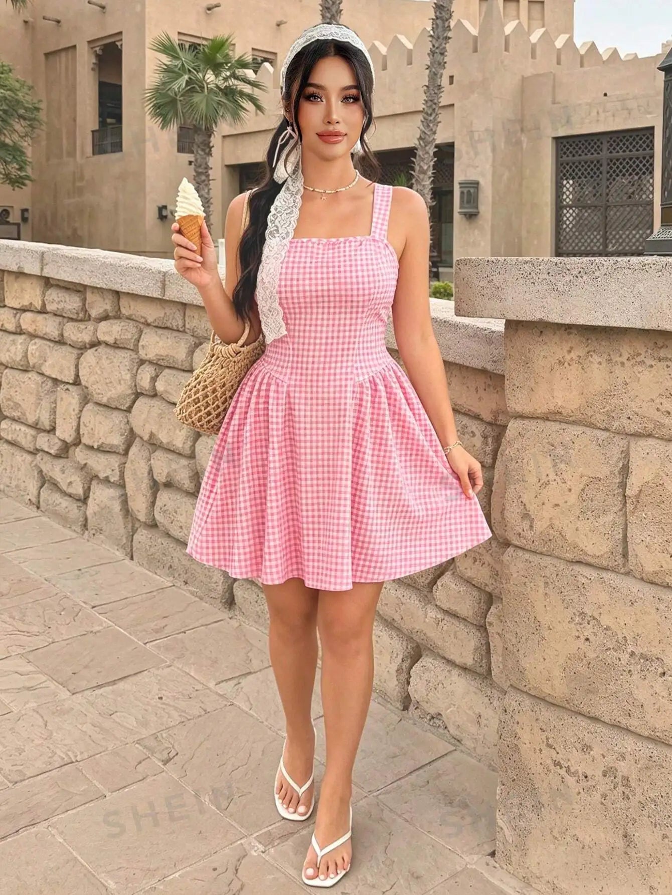 Plus Size Plaid Spaghetti Strap Mini Dress, Elegant Waist Cinching Short Dress for Women