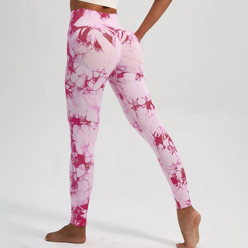 Women's High Waist Seamless Yoga Pants, Tie Dye Print Peach Shaped Butt Lifting Leggings for Running Fitness Workout