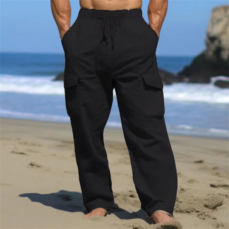 Men's Linen Cargo Pants Drawstring Multi-Pocket Straight Leg Solid Color Breathable Casual Outdoor Trousers
