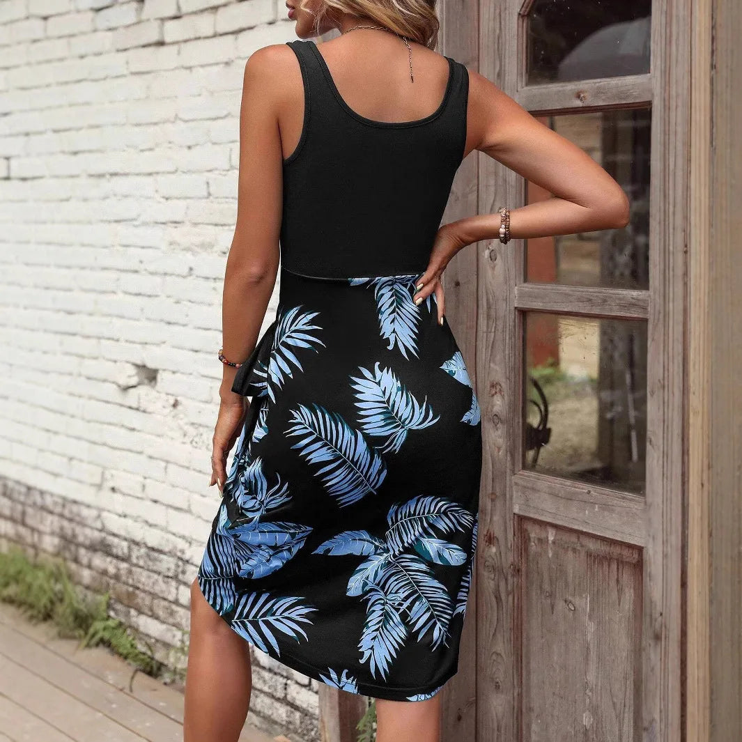 Tropical Print Maxi Dress Summer 2025 Elegant mid Waist Knitted A-Line Skirt Couple's Holiday Beach Women's Dress