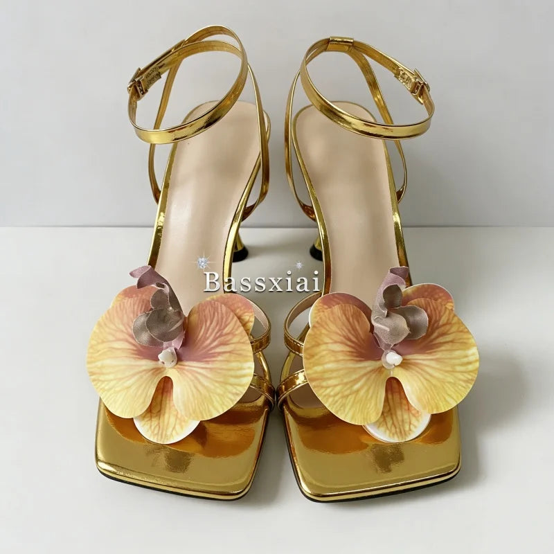 Vivid Orchid Flower Decor Modern Sandals Women Cross Strap Strange Heel Square Toe Party Shoes Summer