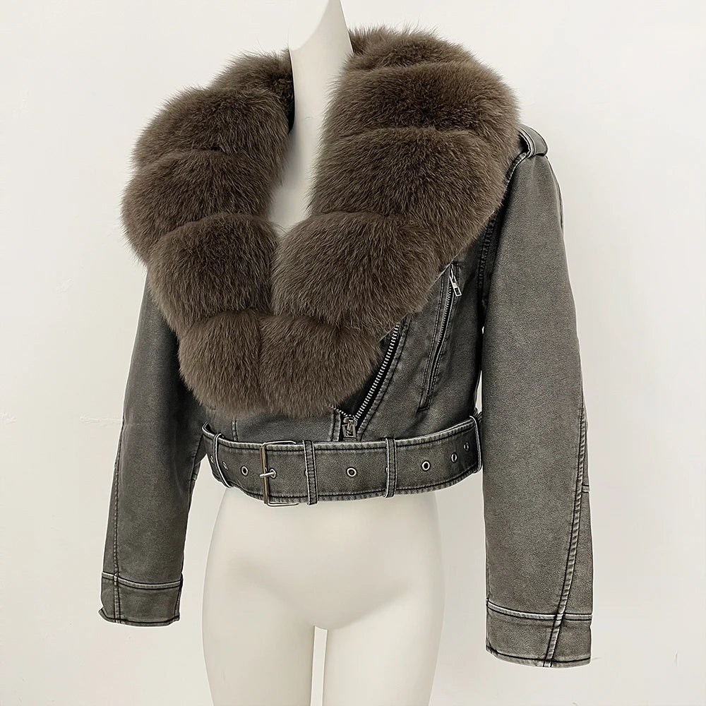 Fake Leather Coat New Natural Fox Fur Autumn Short Faux Leather Jacket Female Spring PU Women Long Sleeve Real Fur Coat Thin