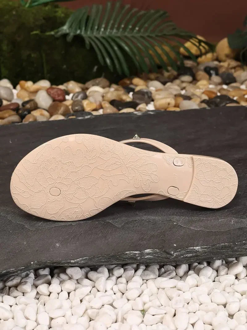 New Women's Flat Bottom Sandals Summer Rivet Butterfly Knot Slippers Slip-On Shoes PVC Material Comfortable Beach Footwear