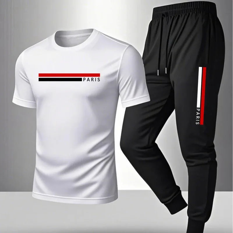 Men's casual sports outfit, printed round-neck short-sleeved T-shirt and long pants, suitable for outdoor wear.