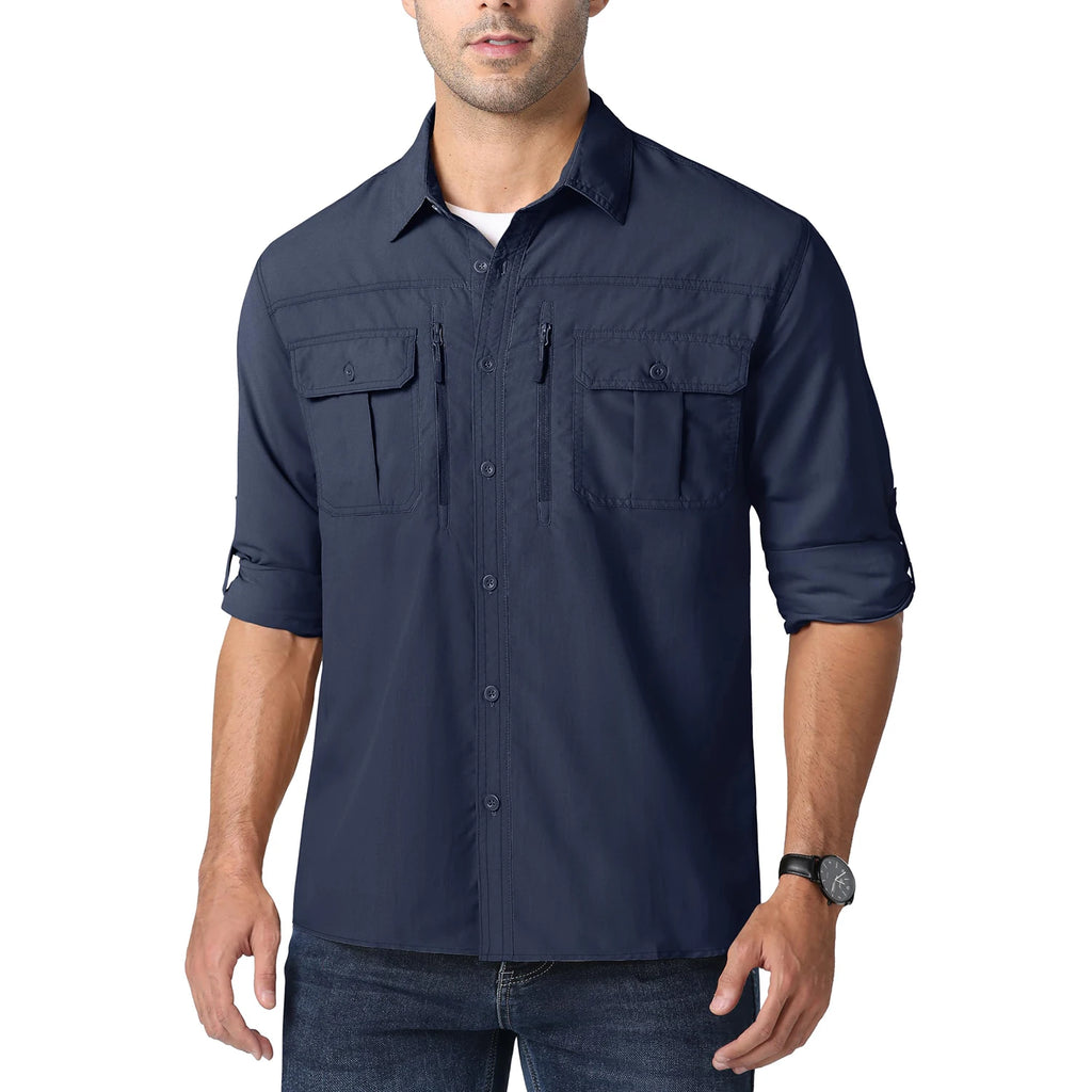 MAGCOMSEN Men UPF 50+ Safari Cargo Shirt Quick Dry Mesh Breathable Long Sleeve Zip Pockets Outdoor Hiking Fishing Work Tops