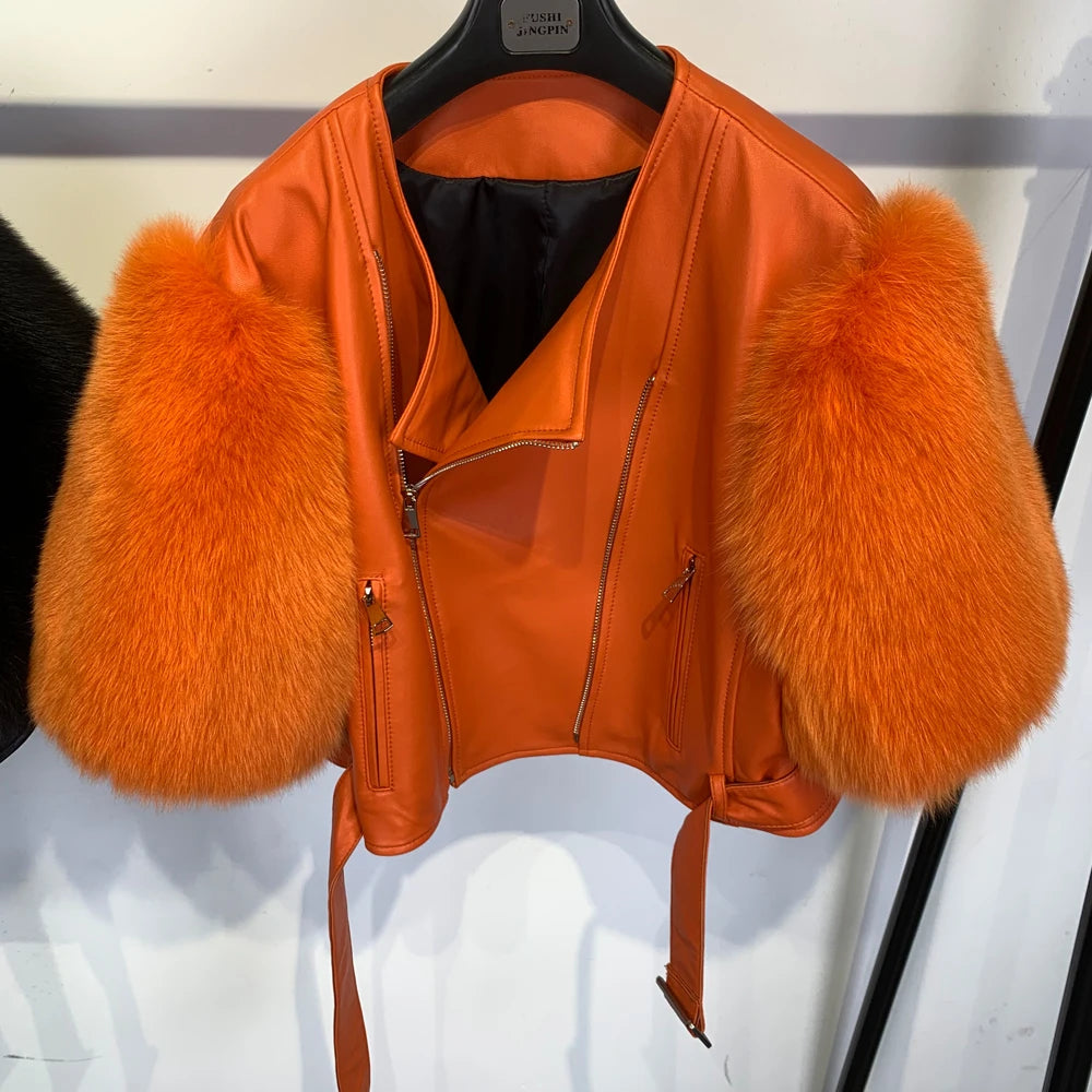 Leather Fur Jacket Natural Fur Sleeve Ladies Short Leather Jacket Real Fox Fur Sleeve Coat Women Autumn 21001-1