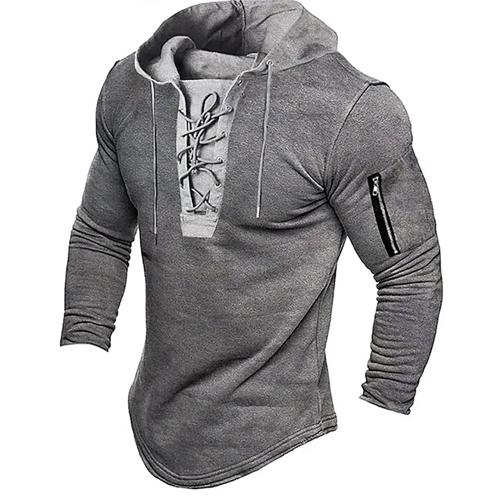 Men Pullover Hooded Sweatshirt Solid Color Lace Up Sports Casual Hoodies Spring Autumn Clothing American Retro Mens Sweatshirt