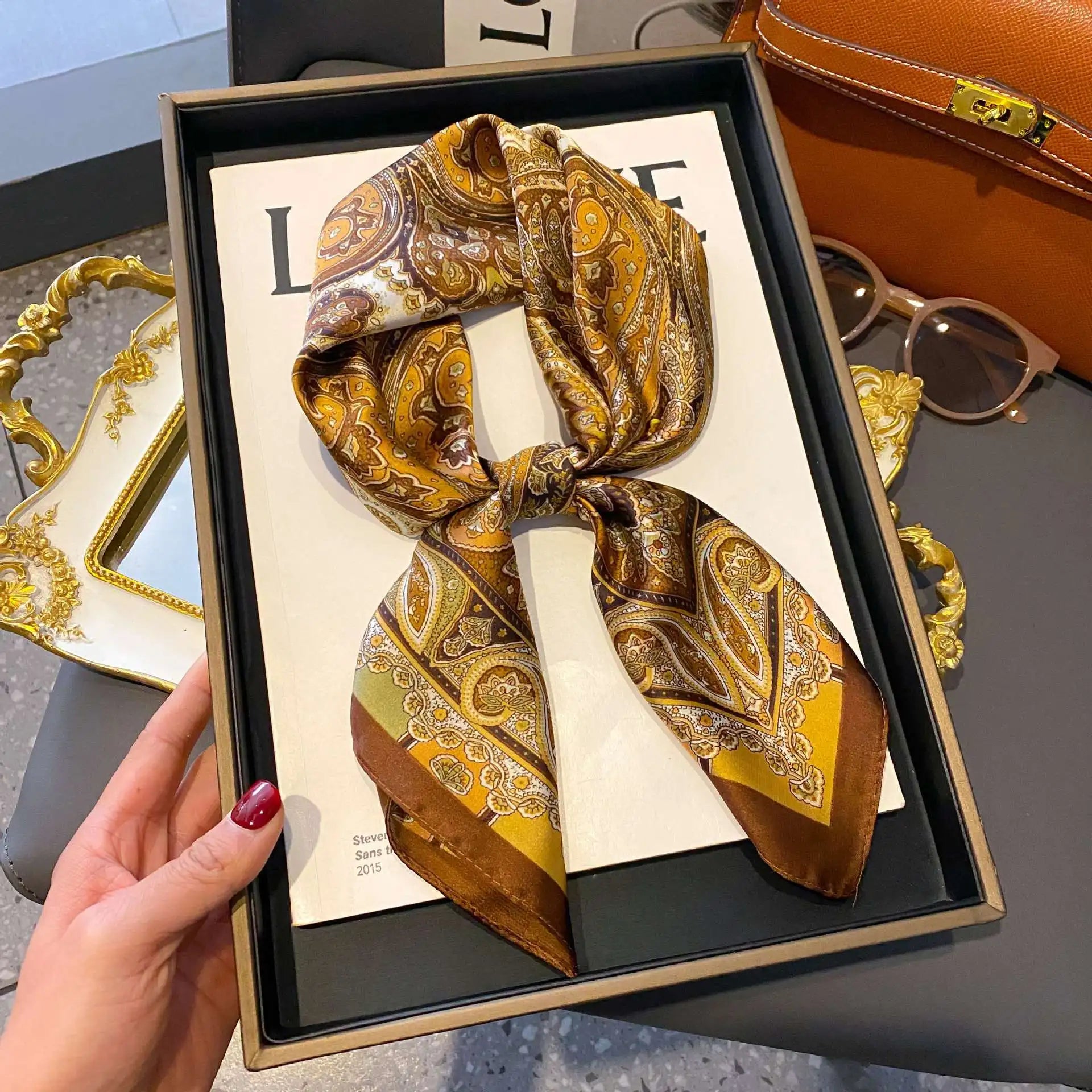 Luxury Satin Imitation Print Silk Scarf Square Women Neck Scarves Wrap Headkerchief Beach Hair Band Women's Bandana