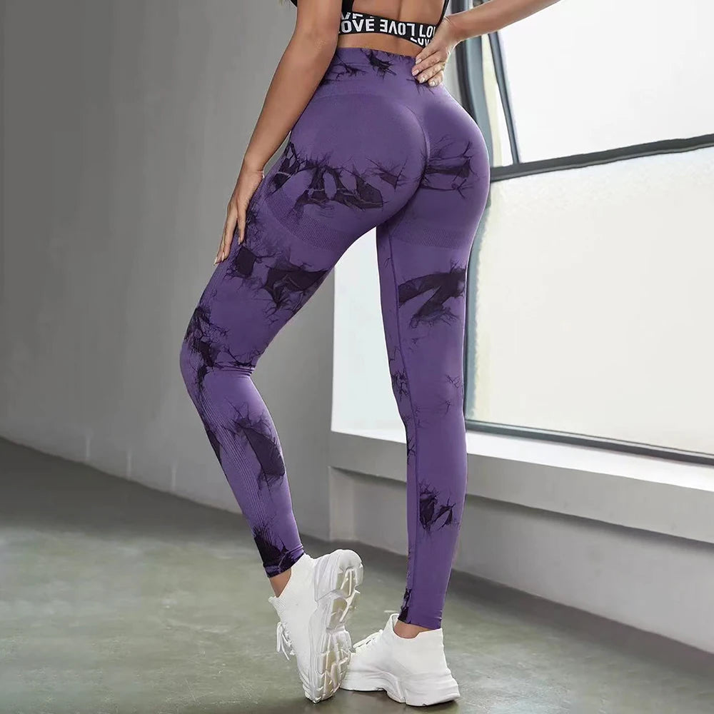 Women's High Waist Seamless Yoga Pants, Tie Dye Print Peach Shaped Butt Lifting Leggings for Running Fitness Workout