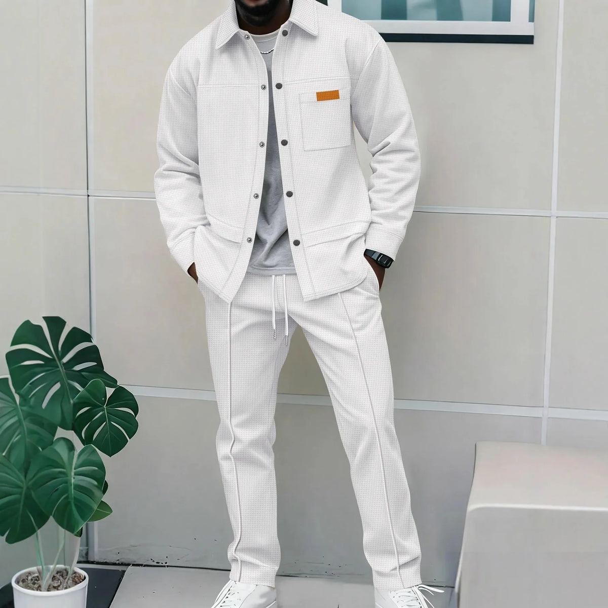 Men's Waffle Knit 2-Piece Tracksuit Button Down Jacket & Drawstring Pants Set Casual Streetwear Outfit with Chest Patch