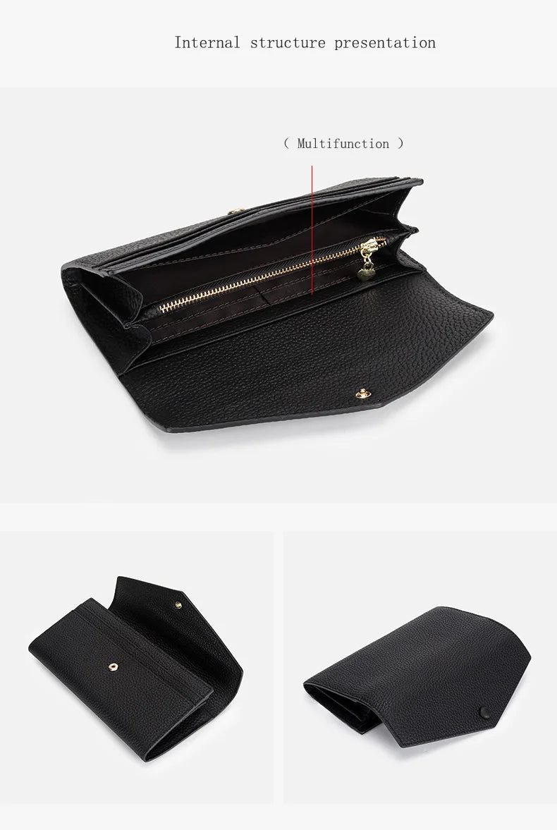 Ladies Genuine Leather Long Wallet Women's Large Capacity Clutch Wallet Envelope Multifunctional Mobile Phone Wallet Purse