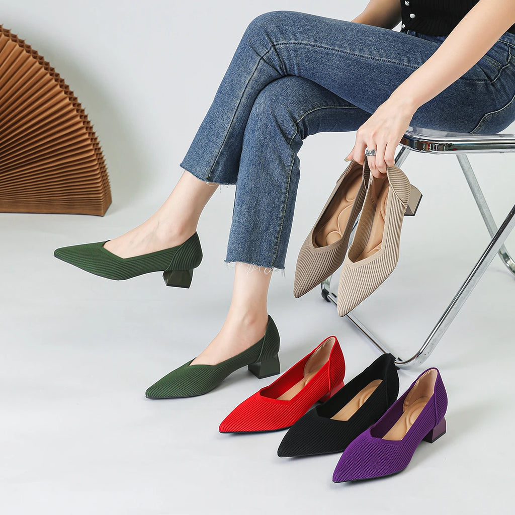 2026 New Women's High Heels Large 42/43 Fashion Pointed Anti slip Rubber Bottom Knitted Breathable Shoes