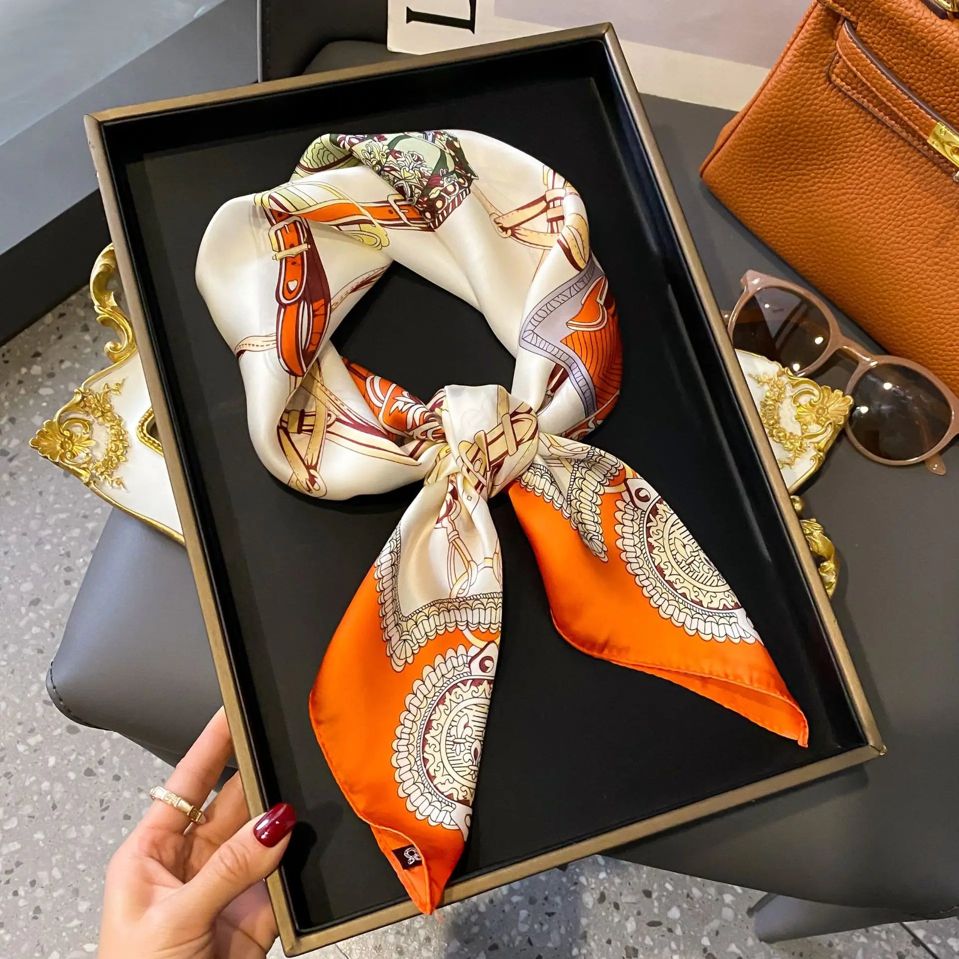 Luxury Satin Imitation Print Silk Scarf Square Women Neck Scarves Wrap Headkerchief Beach Hair Band Women's Bandana