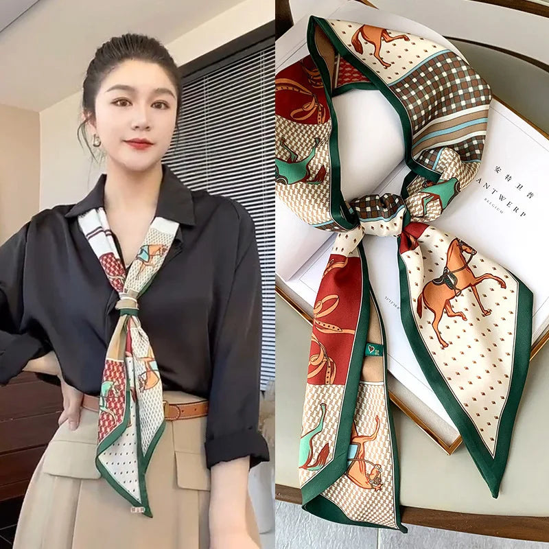 Fashion Blue Print Silk Scarf Women Soft Satin Horse Hairband Bevel Neckerchief Office Hijab Headband Foulard Bag Ribbons Gift
