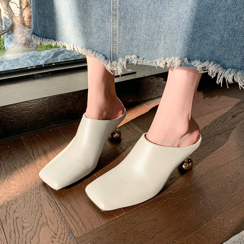 White Sheepskin Square Head Women's Slipper Baotou Textured Elegant Commuter Casual Simple Sense of Classic Wine Glass Heels New