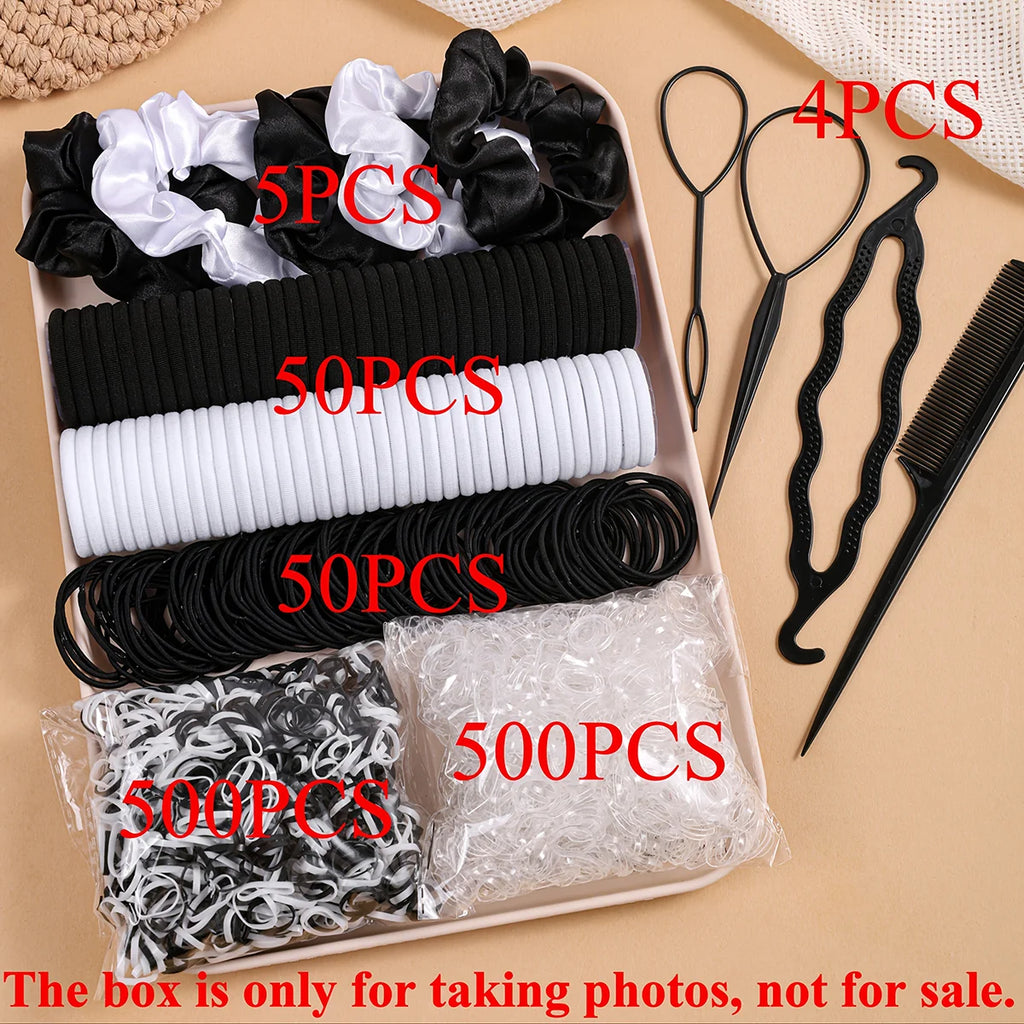 Women Dark Hair Accessories Set Elastic Seamless Ponytail Scrunchies Small Rubber Bands Fashion Hair Ties Headbands