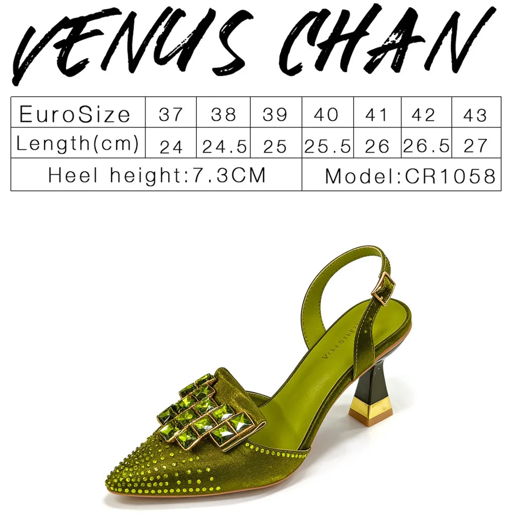 Venus Chan 2026 INS Italy Elegant Rhinestone Pointed Toe High Heels & Matching Bag Set - Perfect for Women's Parties & Weddings