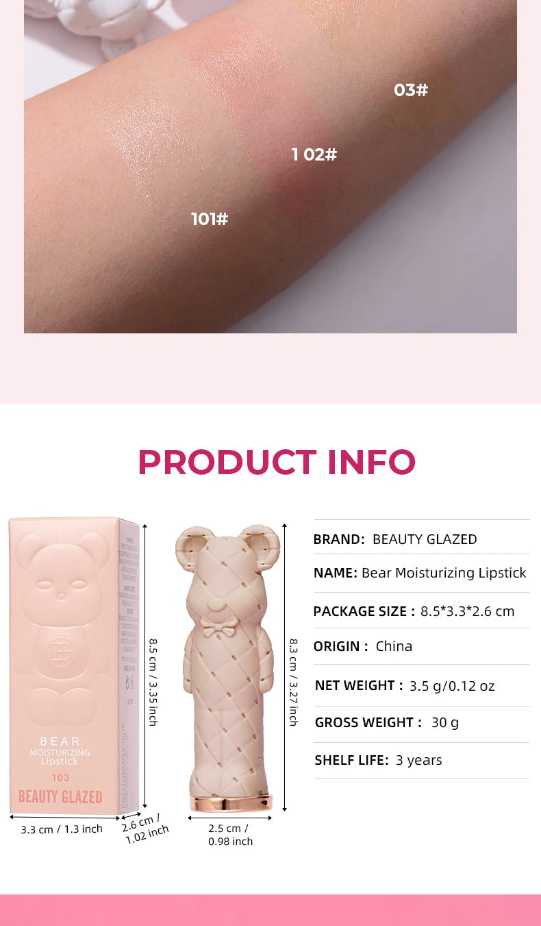 BEAUTY GLAZED Pink Bear Long Lasting Moisturizing Waterproof Natural Lip Balm Natural Formula Repairs Dry Lips Makeup