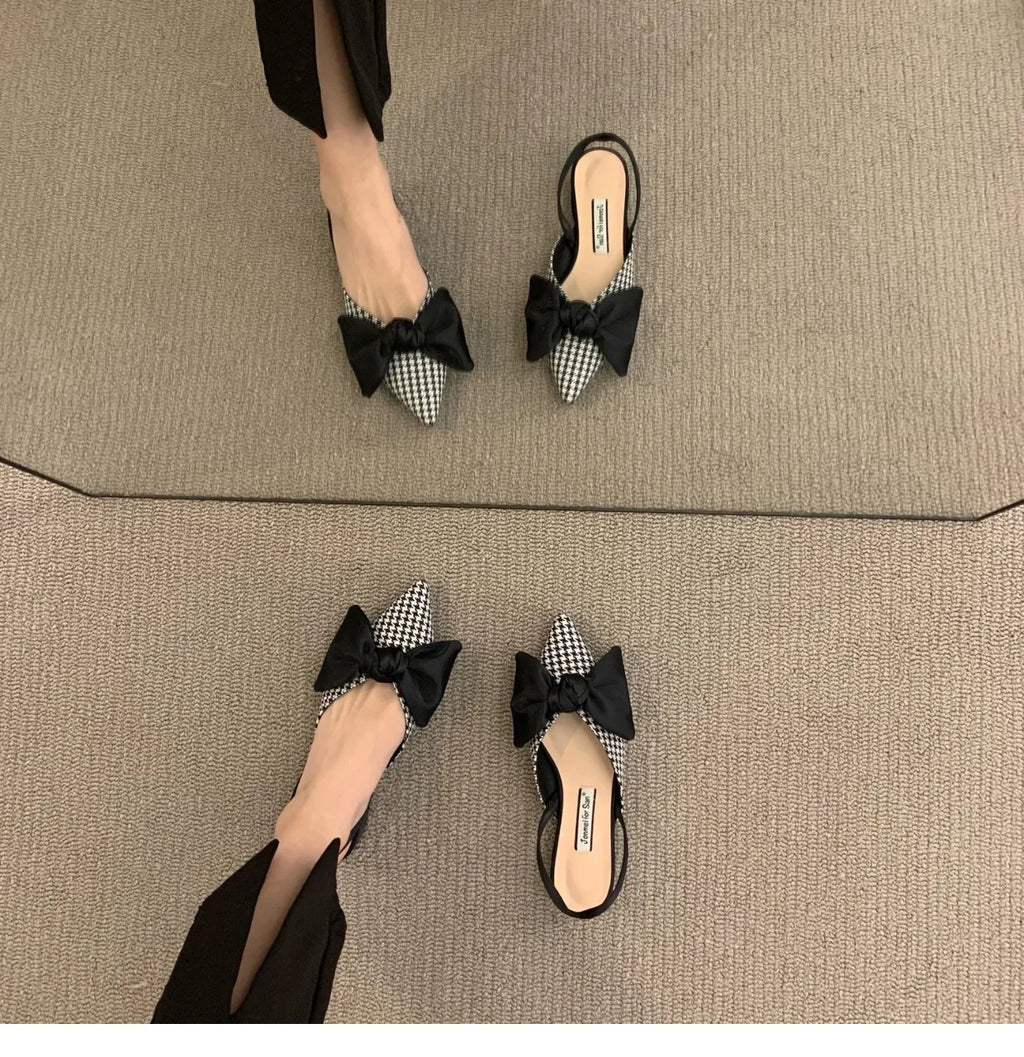 Bow Sandals Women 2026 Summer Pointed Low Heel Sandals Women Fashion Baotou Thin Strap Sandals High Heels Sandalias De Mujer