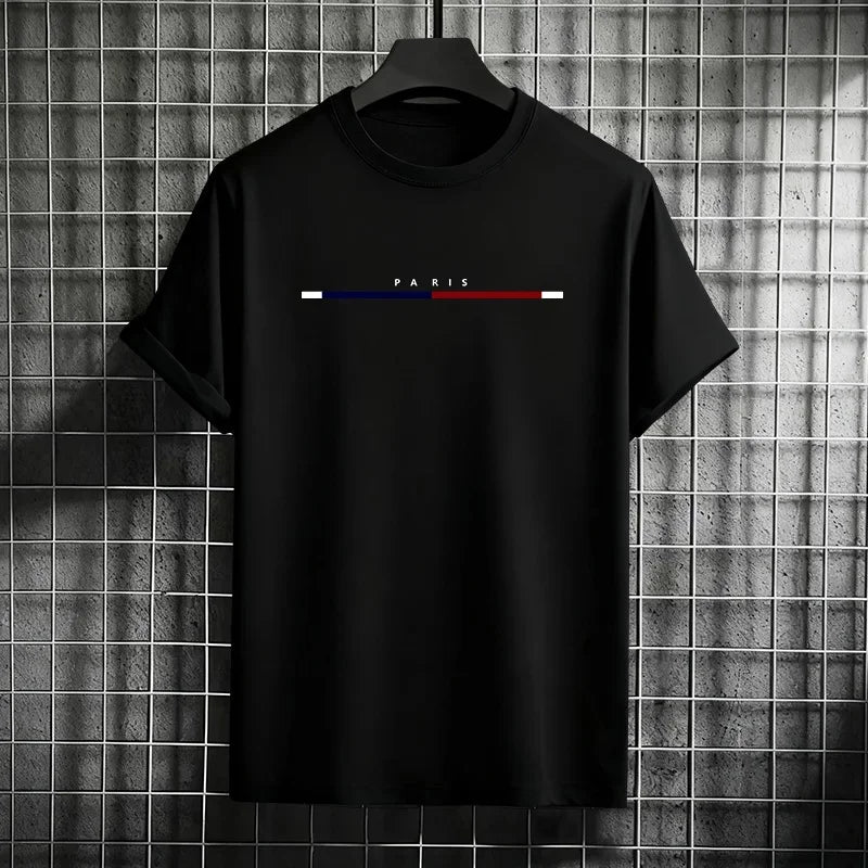 2026 Hot Sale Men's 100% Cotton Summer Loose PARIS Creative Letter Print Casual Slim Fit Round Neck Short Sleeved T-shirt Top