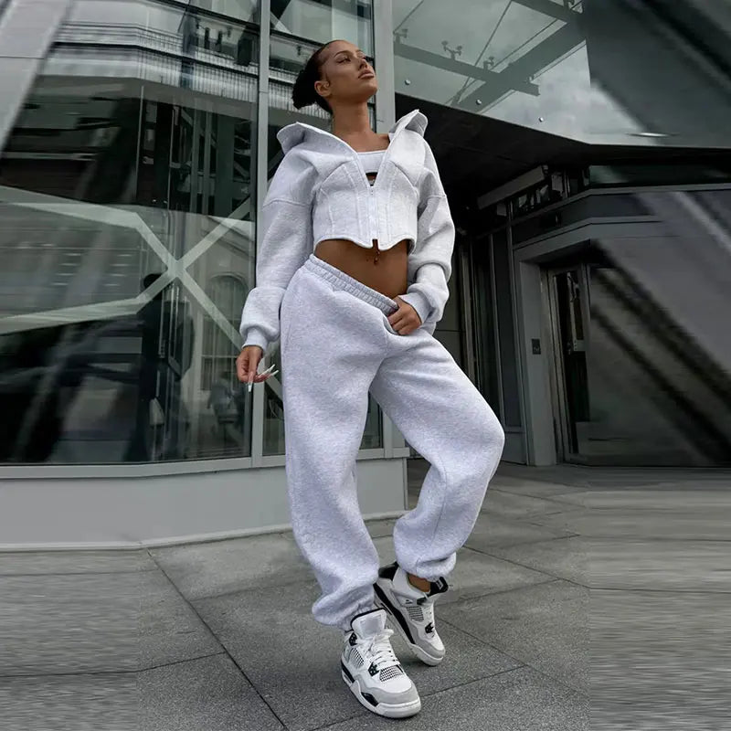 Street Women's Solid Hooded Sweatshirt Jacket Slim Long Sleeved Zipper Waist Cinching Cropped Jackets 2026 Autumn Lady Suits New