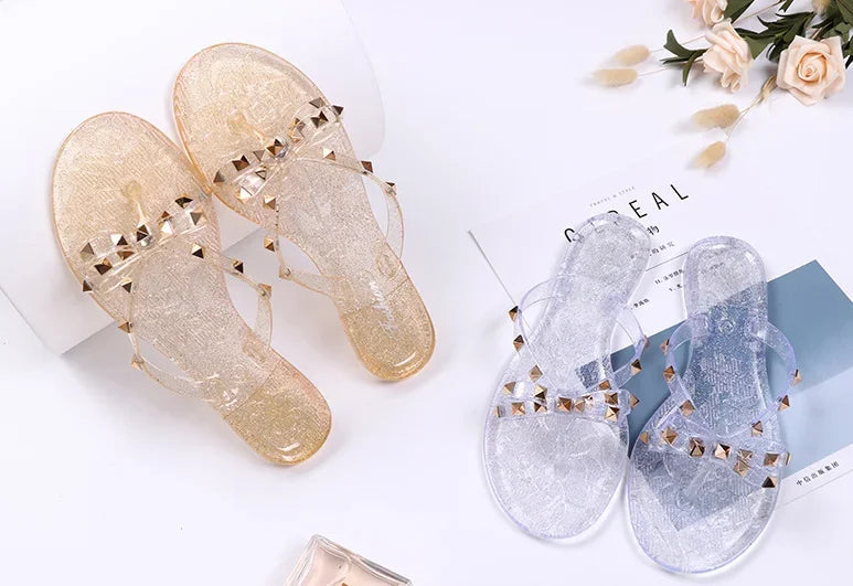 Women Low Pricing  Jelly Shoes Rivets Studs Bow-Knot Leisure Daily Flip-Flops For Raining Days Anti-Slip Flat Slippers Zoris 36