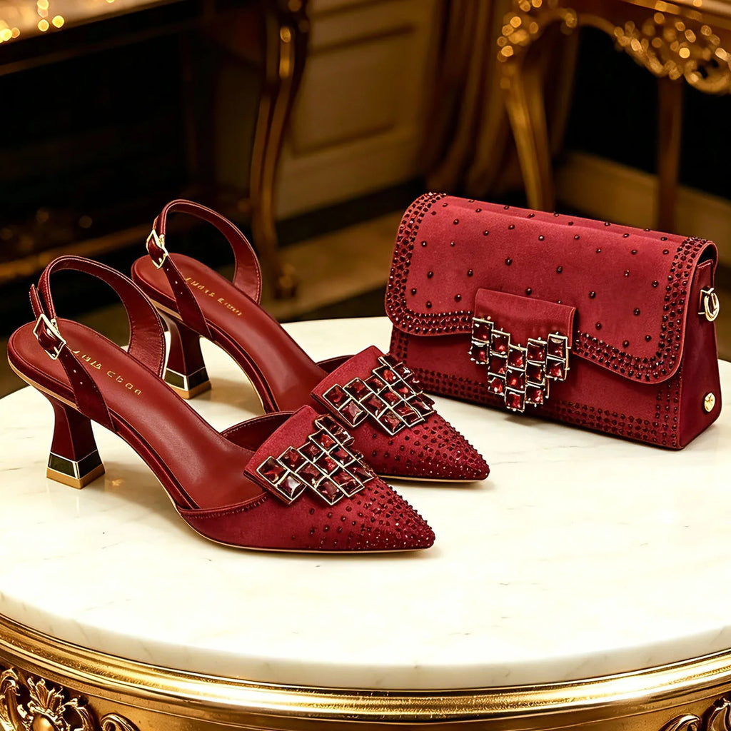 Venus Chan 2026 INS Italy Elegant Rhinestone Pointed Toe High Heels & Matching Bag Set - Perfect for Women's Parties & Weddings