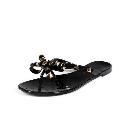 Ladies Leisure Waterproof Shoes Summer Zoris Slippers In Flats Clear Yellow Flip-Flops With Gold Stud Bow-Knot PVC Slides 36-42