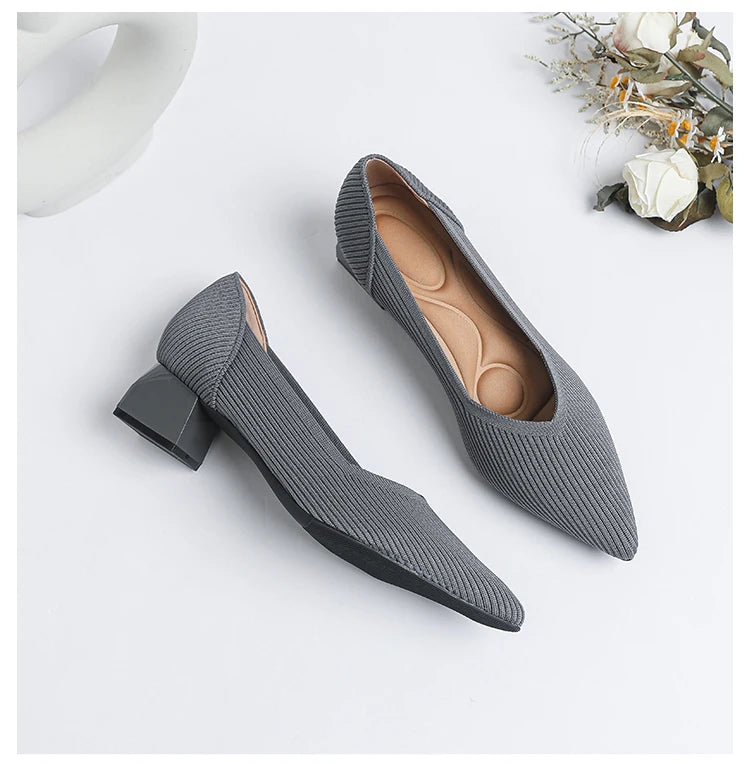 2026 New Women's High Heels Large 42/43 Fashion Pointed Anti slip Rubber Bottom Knitted Breathable Shoes