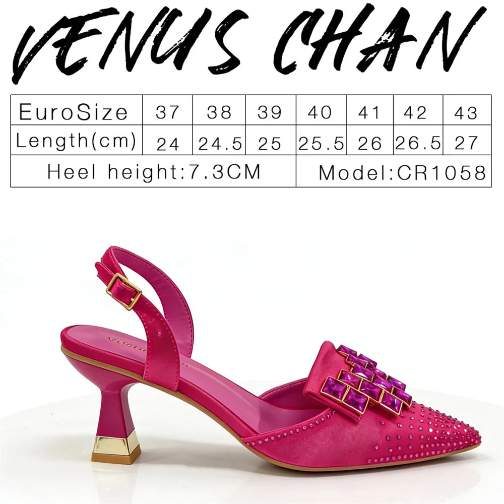 Venus Chan 2026 INS Italy Elegant Rhinestone Pointed Toe High Heels & Matching Bag Set - Perfect for Women's Parties & Weddings