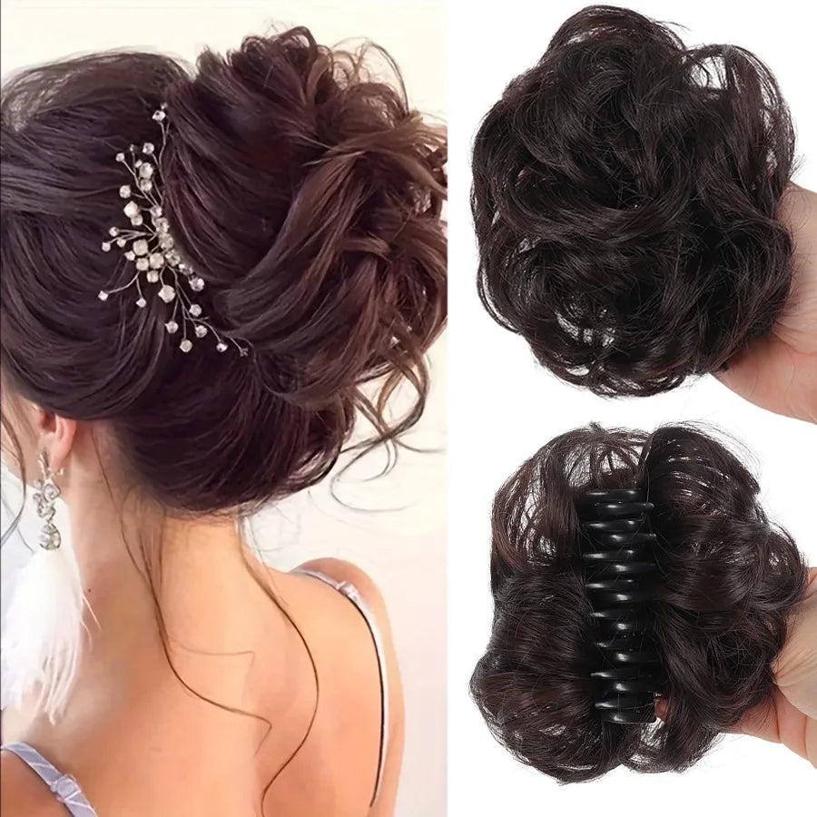 Synthetic messy hair clip bun short curly hair clip in a woman's ponytail hair extension bun wig