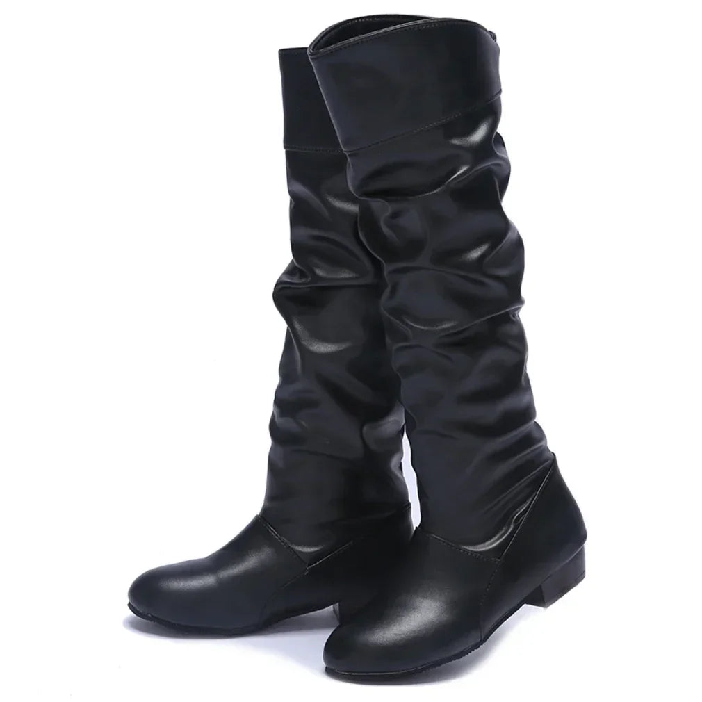 Quality Women's leather PU Knee High Boots Folding Slip on Winter High Boots Casual Low Heels White Black Long Slim Boots Ladies