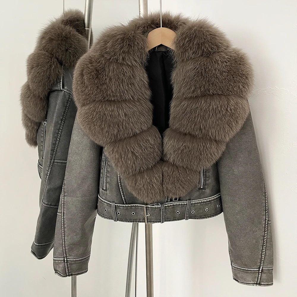 Elegant Faux Leather Jacket Female New Natural Fox Fur Autumn Short Top Clothing PU Women Long Sleeve Fake Leather Real Fur Coat