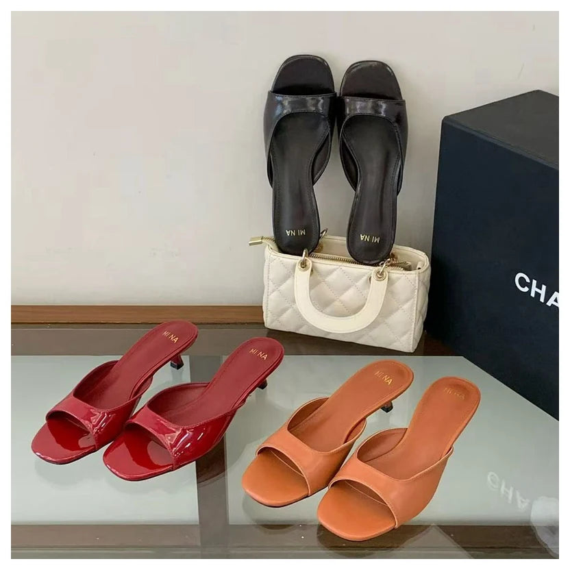 2026 Fashion Sexy Thin High Heels Slides Women Open Toe Pumps Slip Sandal Female Slippers Mule Patent Leather Outdoor Flip Flops
