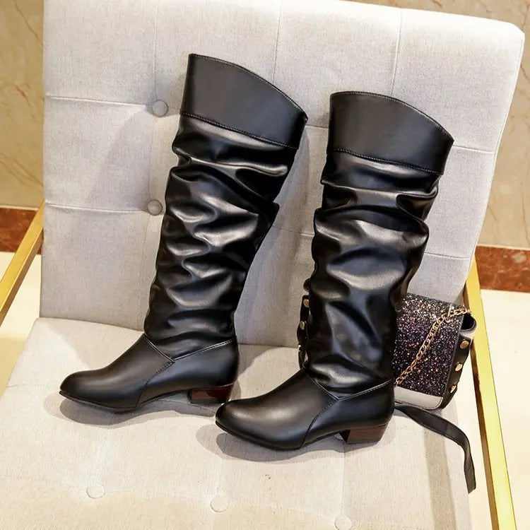 Autumn and Winter New Knee High Boots Women Designer Heel High Black Boots Women's Leather Boots Plus Size 35-43 Botas De Mujer
