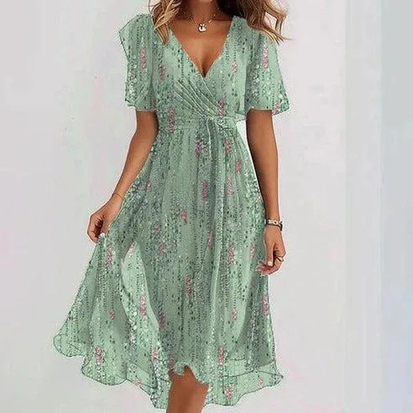 Elegant Floral Print Boho Party Dress Summer V Neck Short Sleeve Knee Length Vestidos BKLFZ-1616