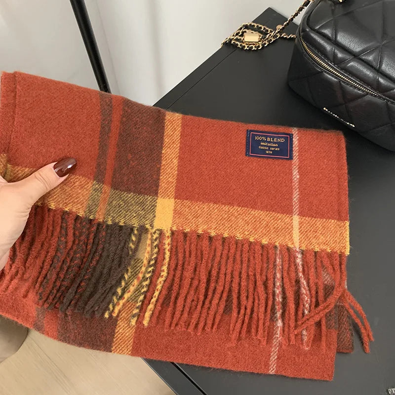 Faux Cashmere Plaid Scarf British Classic Style Light Luxury Unisex Warm Winter Autumn Neck Wrap for Couple