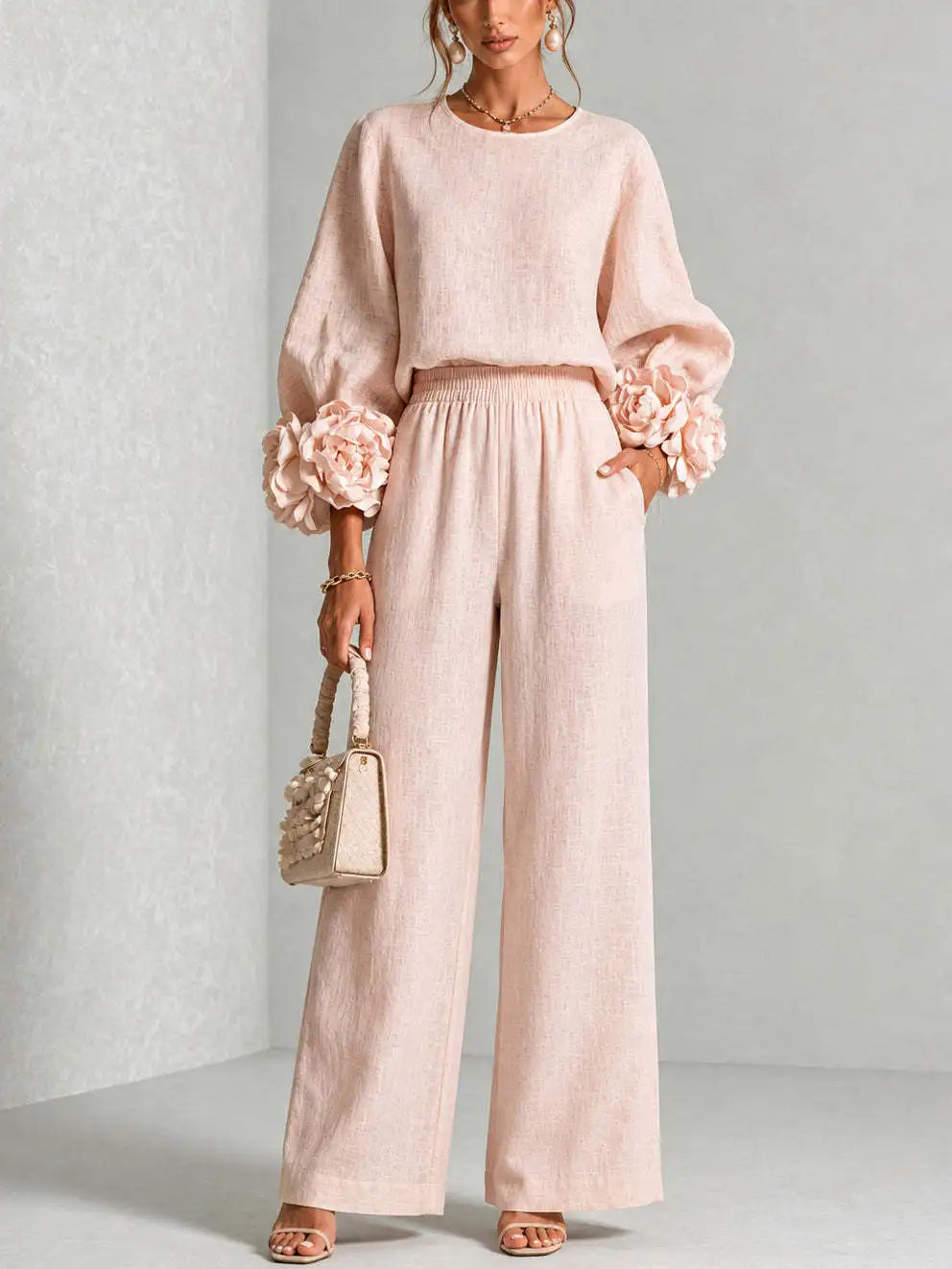 Women 2 Piece Outfit O Neck Puff Long Sleeve Top 3D Floral + Elastic Waist Wide Leg Pants Set Autumn Elegant Casual Office Suit