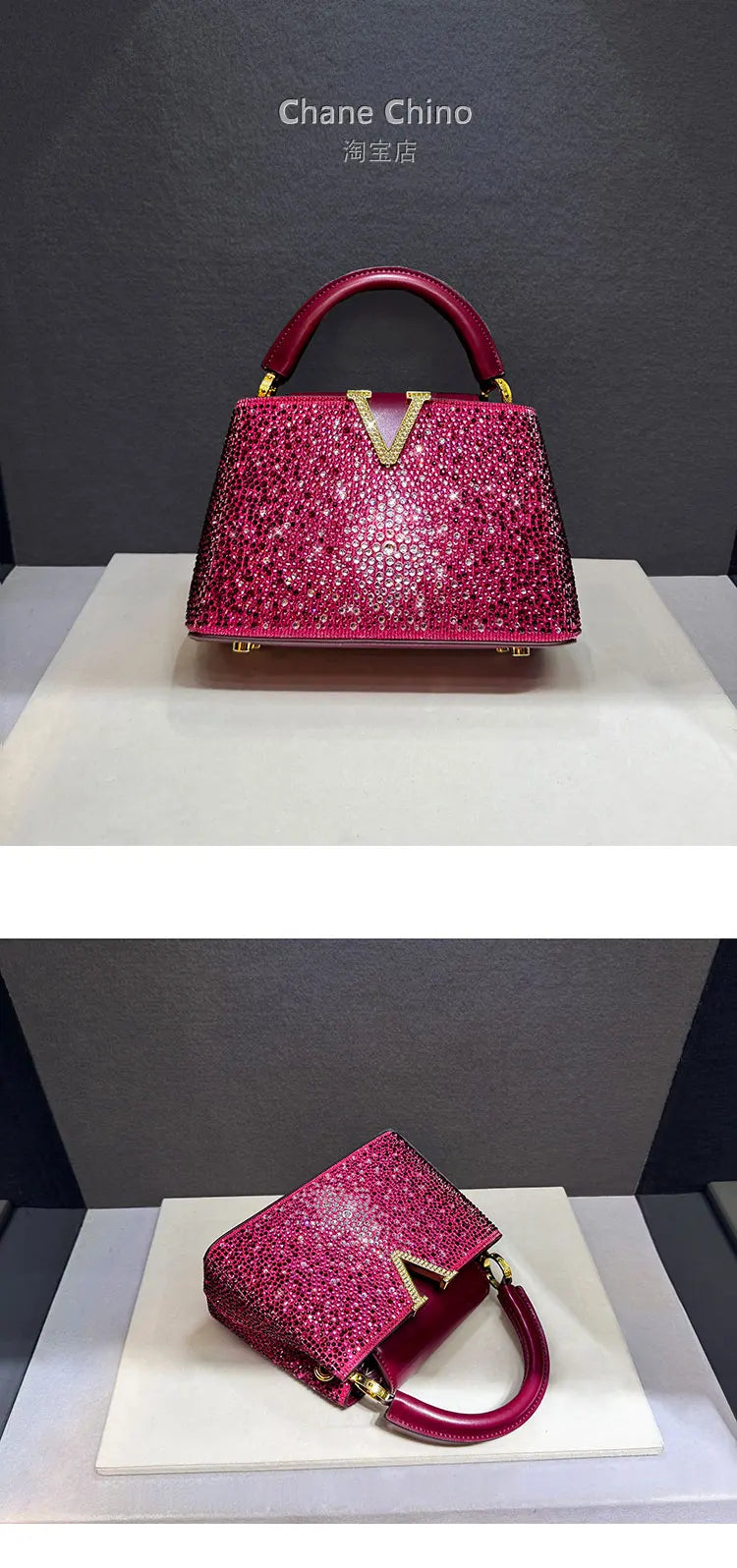 High Luxury Genuine Leather Diamonds Tote Women's Handbags 2025 Small Evening Bag V Letter Rhinestone Shoulder Crossbody Bags