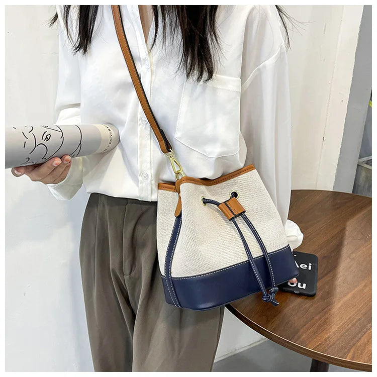 Canvas Bucket Bag Luxury Designer Handbags Women PU Shoulder Bag Fashion Crossbody Daily Commuting Tote Bag
