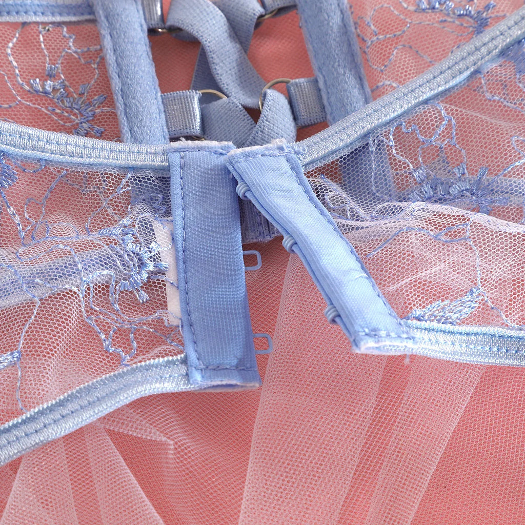 Fancy Floral Embroidery Lingerie Set Sexy Women Transparent Mesh Sheer Erotic Suit Metal Chain Bra Thong Garter Underwear Set