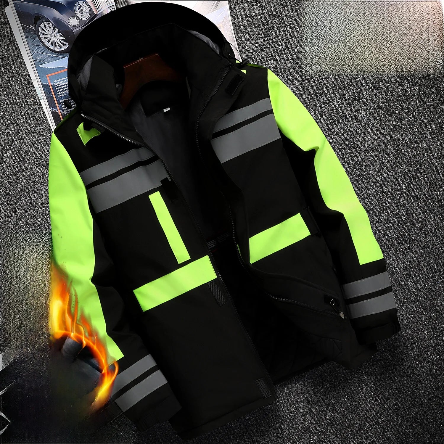 Thiened Fce Workwear Jaet ex Warm Windproof Reflective Cotton Coat Men's Casual Sle Removable Hat Zipper Closure