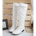 Quality Women's leather PU Knee High Boots Folding Slip on Winter High Boots Casual Low Heels White Black Long Slim Boots Ladies